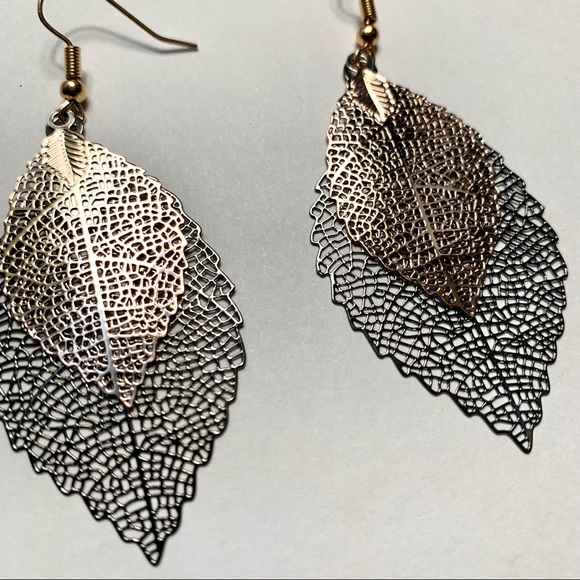 Tree Leaf Two Tone Silver Gold Drop Earrings new - Picture 7 of 7